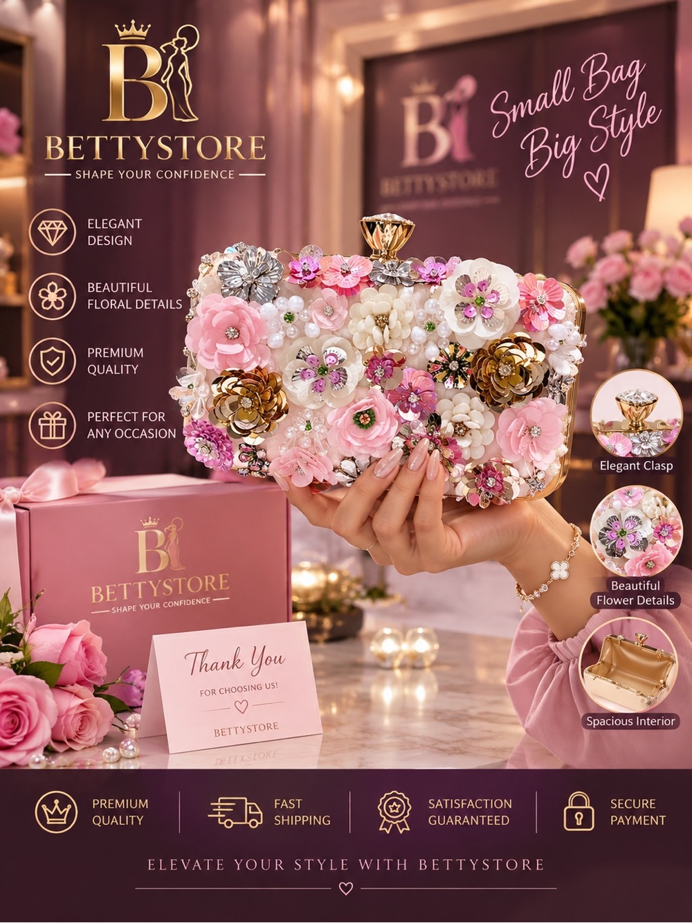 Pink Floral Embellished Clutch Bag
